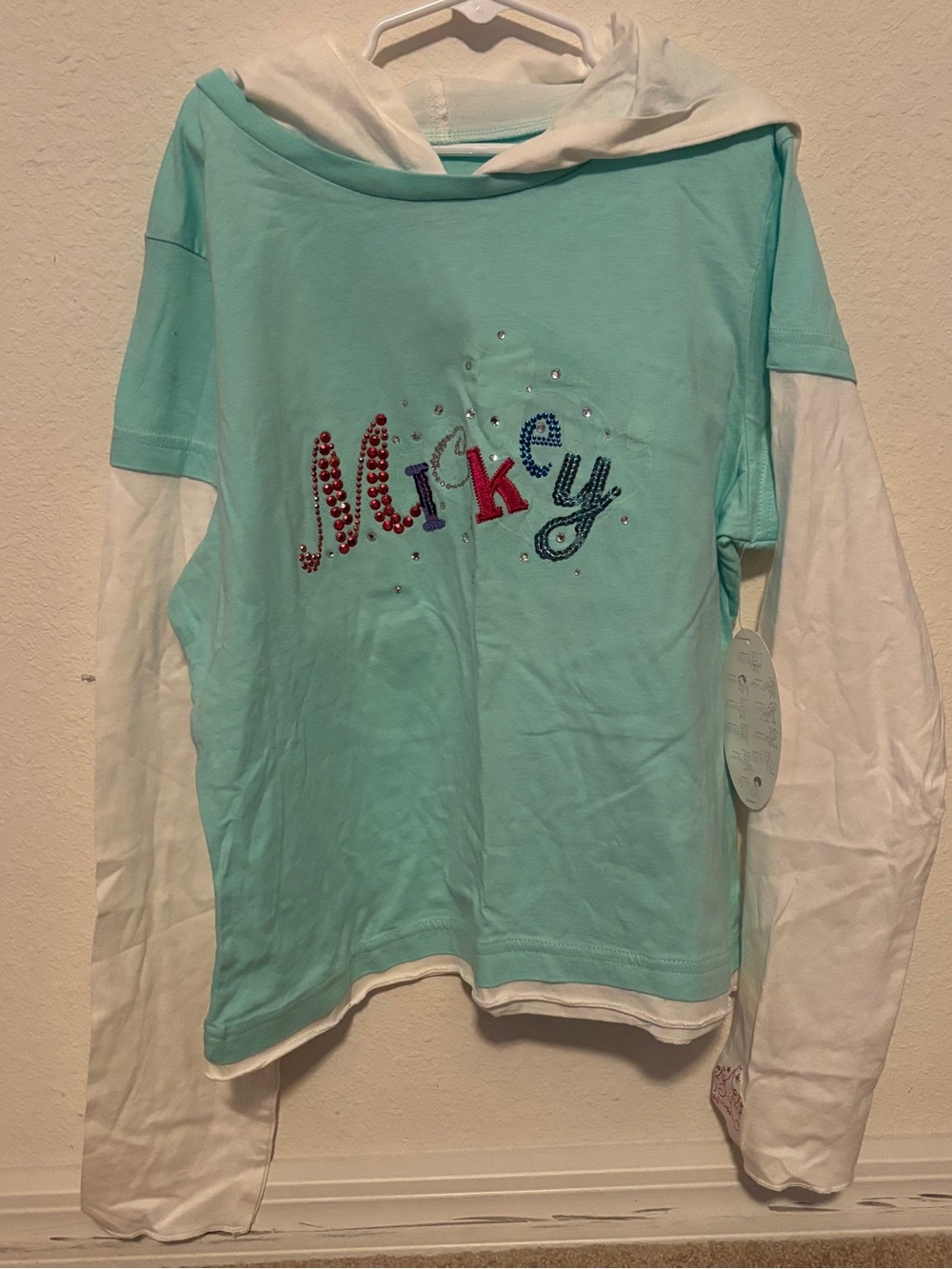 Disney Parks girls XL(14/16) white &light blue long sleeve shirt says Mickey NWT